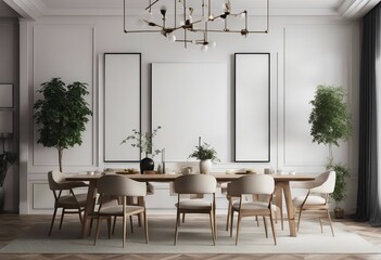 Poster frame mockup in modern interior background dining room Scandinavian style render 3D