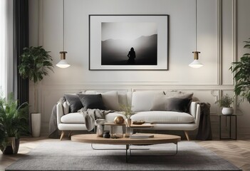 Modern interior background interior space living room Contemporary style in beige, white, grey and black colors - obrazy, fototapety, plakaty