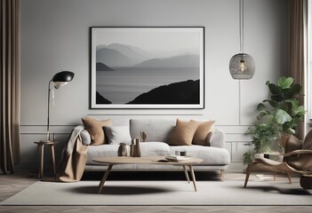 Big mock up poster frame in modern interior background living room Scandinavian style 3D render