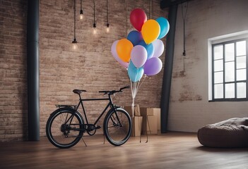 Living room concept with bicycle and balloons in loft interior