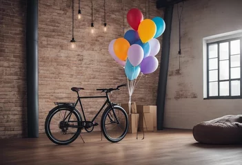 Foto op Plexiglas Living room concept with bicycle and balloons in loft interior © FrameFinesse