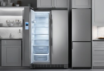 Modern stainless-steel refrigerator in the kitchen with grey tones