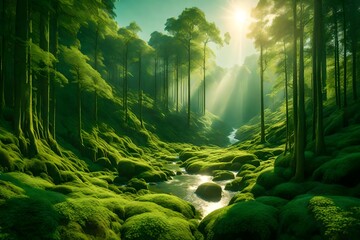A greenand white world with golden rays piercing through the abstract landscape.