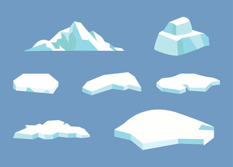 Cartoon iceberg icon in a flat design. Antarctic floating glacier pieces, frozen ice blocks. Blue ice crystal in cartoon style. Glaciers, icebergs, ice mountains in a flat design  - obrazy, fototapety, plakaty