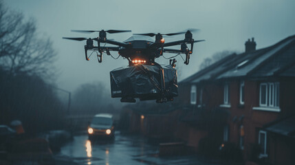 Drone in flight with delivery