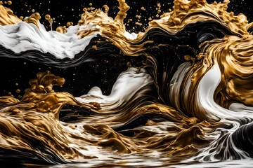 A white liquid pouring into a sea of liquid black with golden sparkles