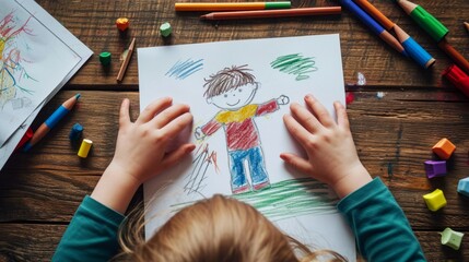 A photo of a cute boy character drawing white paper by a little child using crayons on a wooden table - obrazy, fototapety, plakaty