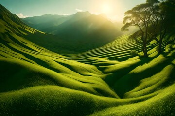 : A green and white world with golden rays piercing through the abstract landscape - obrazy, fototapety, plakaty
