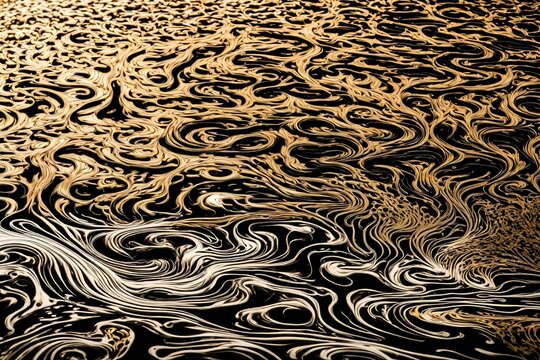 Intricate golden patterns emerging from a pool of liquid black and white. -