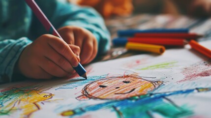 Naklejka premium A photo of a cute boy character drawing white paper by a little child using crayons on a wooden table