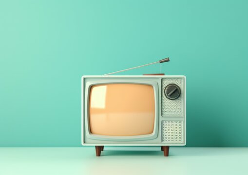 Old retro colorful TV receiver on pastel color wall background. 