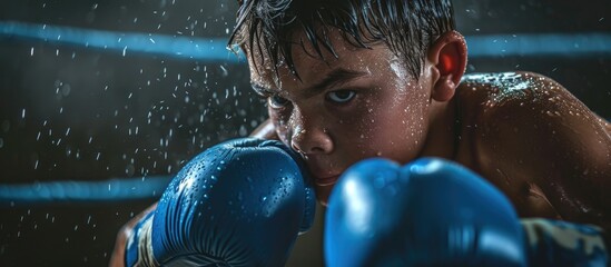Boy boxing with blue gloves defensively on the ring.