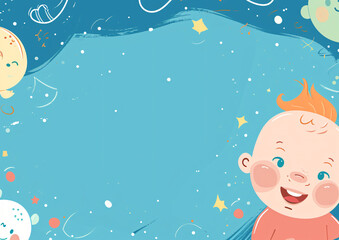 Cartoon baby boy in blue starry background for cards and baby announcement