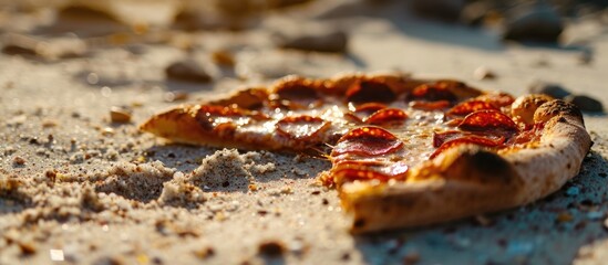 Pepperoni pizza resting on sand in photo.