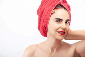 Graceful Aging: Portrait of a Woman with Red Lipstick and Head Towel