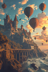 Fairy tale castle with hot air balloons flying in sunset 