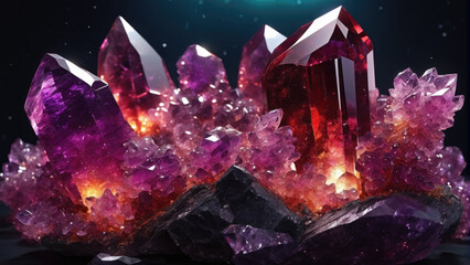 Red rhodolite crystal, glowing, sparkling drusy crystals.