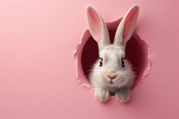 Fotobehang Easter bunny peeps out of the pink wall. © Lusi_mila