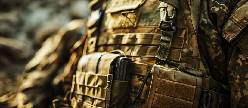 Close-up view of a military armor vest with a molle system, photographed.