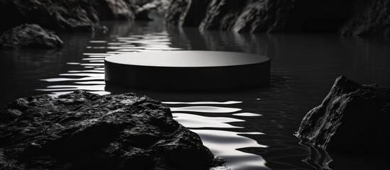 Sculpted black cylinder in dark water. Creative 3D illustration. Sleek mockup for product promotion. Elegant podium with rock-inspired design.
