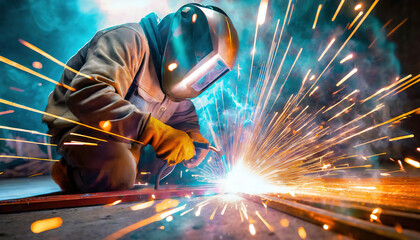Industrial Sparks Fly. A welder in protective gear works amidst a shower of sparks