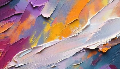Vibrant Abstract Oil Painting. Broad strokes of purple and orange paint overlaid with white,...