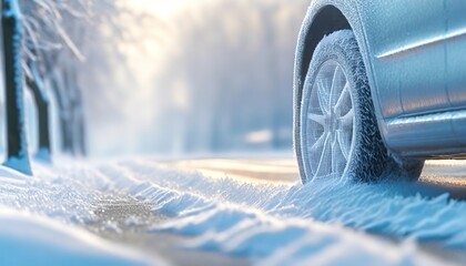 Frosty Morning Drive. A car on a snowy road lined with frost-covered trees, the tires and surroundings covered in a thick layer of snow