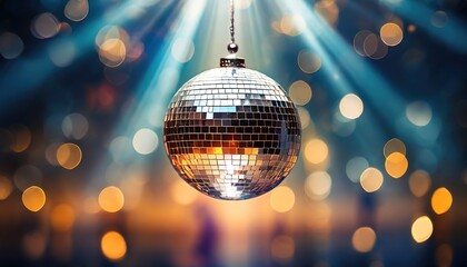 Glittering Disco Ball with Blue Rays. A glittering disco ball hangs suspended with radiant blue rays casting a festive atmosphere over a soft bokeh background - obrazy, fototapety, plakaty