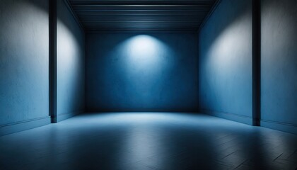 Empty Blue Room with Spotlight. A minimalistic empty blue room illuminated by a single spotlight, conveying a sense of solitude or contemplation