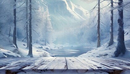 Tranquil Winter River and Snowy Forest. A serene winter scene with a wooden foreground leading to a frozen river surrounded by snow-covered trees and a mountain backdrop
