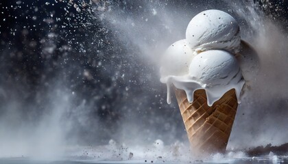 Melting Ice Cream Cone in a Snowy Blizzard. An ice cream cone with three scoops melting amidst a blizzard, creating a whimsical contrast between hot and cold - obrazy, fototapety, plakaty