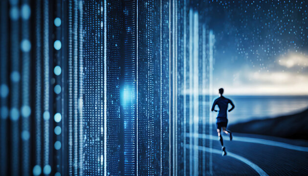 Digital Runner in a Data Tunnel. A silhouette of a runner moving through a tunnel made of digital data streams, representing speed and technology
