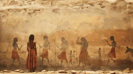 woman is looking at cave drawings of people and animals 