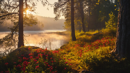 Great Morning in a Forest: Photo of Mist Over Water and Sunlit Lake