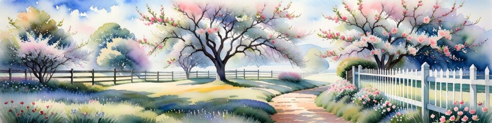 Watercolor painted banner blooming spring trees near wooden fence, background for design for Valentine's Day or Women's Day