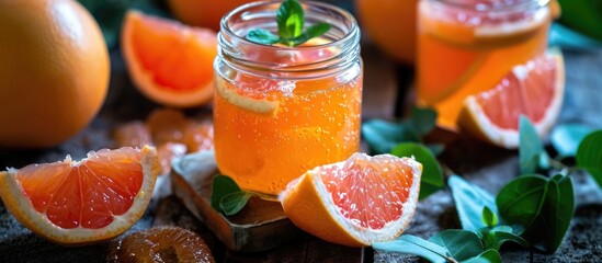 Homemade grapefruit orange gelatin dessert, a healthy, low-fat, low-calorie meal in a jar. - obrazy, fototapety, plakaty