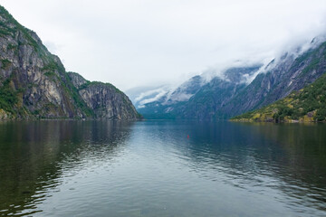 Fototapeta na wymiar Moody landscape of the Nærøyfjord from Gudvangen. Norway