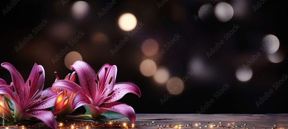Poster purple lily blossom on isolated magical bokeh background with copy space for text placement