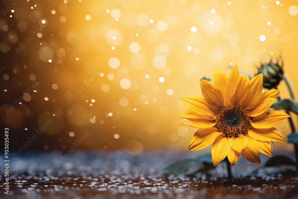 Poster vibrant yellow sunflower on captivating bokeh background with generous text placement space.