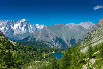 Beautiful valley of the Arpy Lake in front of the Mont Blanc,  Italy