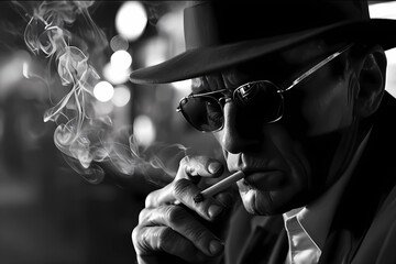 man smoking cigarette in black and white