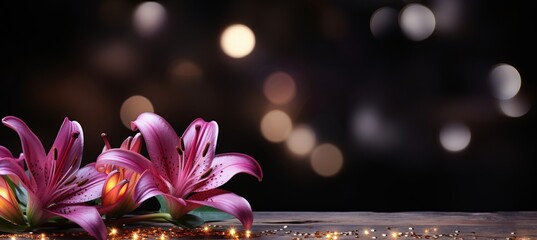 Purple lily blossom on isolated magical bokeh background with copy space for text placement - obrazy, fototapety, plakaty