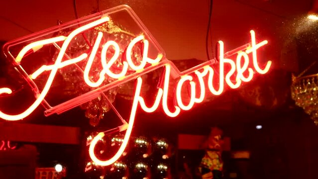 Flea Market Owned Used Second Hand Store Shop Red Neon Sign Glowing Electronic