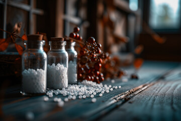 White homeopathic pills or globules in glass bottls on a table - obrazy, fototapety, plakaty