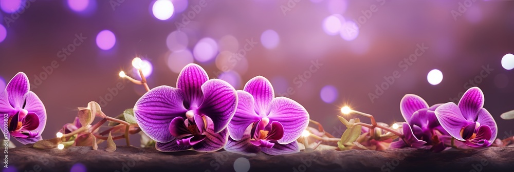 Poster purple orchid on isolated magical bokeh effect background with copy space for text placement