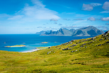 Hiking trail of Mount Ryten to go to Kvalvika Beach in the Lofoten Islands,  Norway