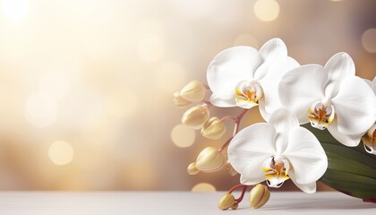 Elegant white orchid on magical bokeh background with ample copy space for text placement