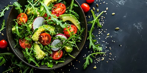 Foto auf Acrylglas Close up of fresh salad with cherry tomatoes, arugula, radish, avocado and spice, dressing or olive oil on dark gray concrete background with copy space. © AnaWein