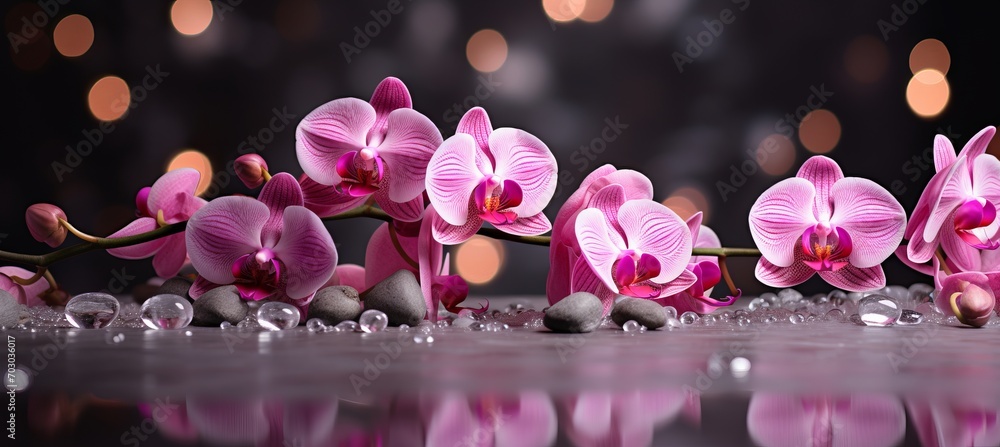 Poster beautiful pink orchid on isolated magical bokeh background with copy space for text placement