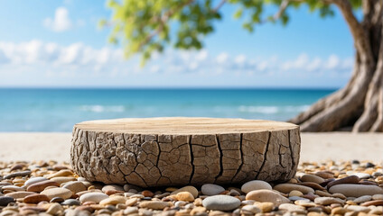 tree trunk podium on beach pebbles for product presentation with blurred beach background